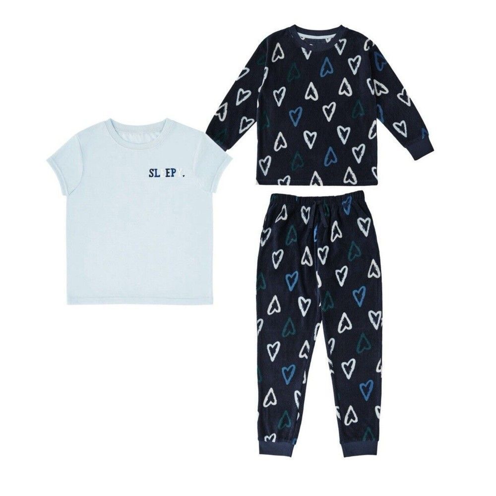 Member's Mark Girl's 3 Piece Mix and Match Sleep Pajama Set blue hearts